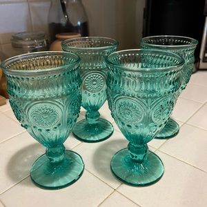 Pioneer Woman Turquoise Glass Goblets- Depression glass style.